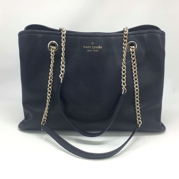 Kate Spade Large Jordyn Chain Handle Black Leather Tote Purse - Picture 1 of 15